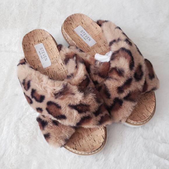 NEW Steve Madden Cado Slide Leopard Animal Print Faux Fur Platform Sandal - Picture 1 of 8
